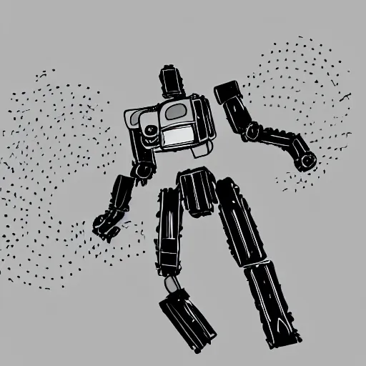 Prompt: a black and white storyboard sketch of a giant humanoid athletic sleek futuristic humanoid robot mech charging up, surrounded by small floating particles, lines of energy pulsing off the robot