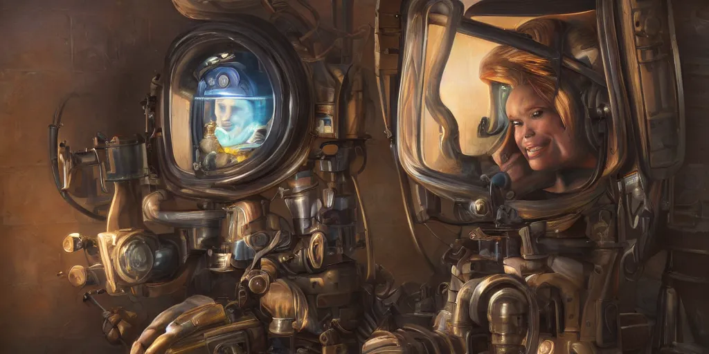 Prompt: highly detailed portrait painting of welder and angelina joile, mono eye window, by eddie mendoza and tyler edlin, 8 k resolution