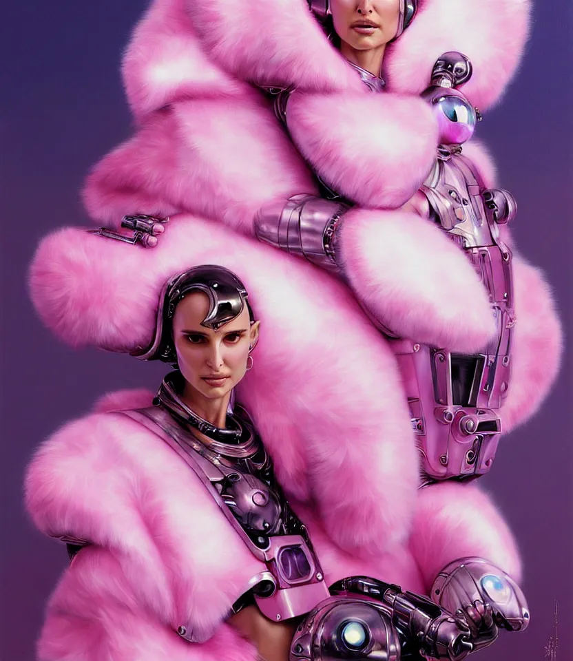 Prompt: beautiful fantasy character portrait of a natalie portman cyborg, wearing pink puffy bomber jacket with white fur, seductive reclining pose, lasers, ultra realistic, dramatic lighting, robots, the fifth element artifacts, highly detailed by peter mohrbacher, hajime sorayama, wayne barlowe, boris vallejo, aaron horkey, gaston bussiere, craig mullins