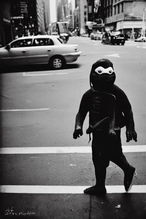 Prompt: photo polaroid of a ninja turtle in the middle of a New York street, loneliness, war, black and white ,photorealistic, 35mm film,