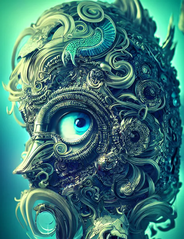 Image similar to eye of goddess macro close - up portrait with mask made of ram phoenix skull. betta fish, jellyfish, plasma, water, wind, creature, super intricate ornaments artwork by tooth wu and wlop and beeple and greg rutkowski