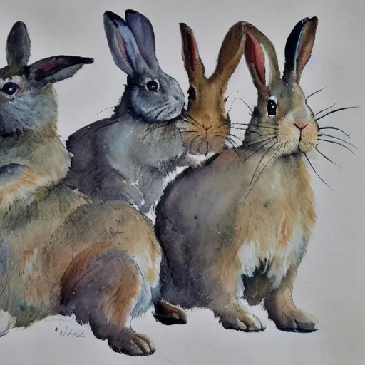 Prompt: Rabbits posing as ww1 leaders, watercolour realism
