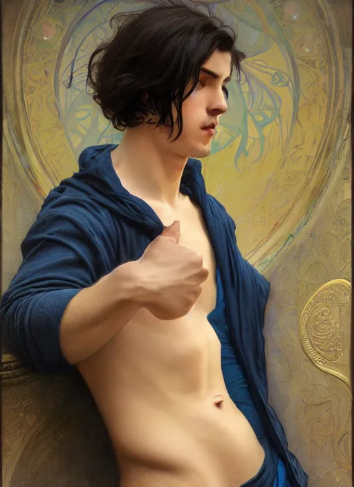 Image similar to handsome young man with short black hair, male, dressed in blue, looking down, half body shot, arms down, path traced, highly detailed, high quality, digital painting, bastien lecouffe - deharme, alphonse mucha, art nouveau