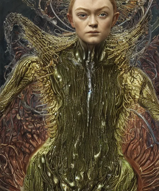 Prompt: a portrait photograph of a fierce sadie sink as a strong alien harpy queen with amphibian skin. she trying on a glowing lace shiny metal slimy organic membrane parasite catsuit and transforming into an evil insectoid catgirl alien. by donato giancola, walton ford, ernst haeckel, peter mohrbacher, hr giger. 8 k, cgsociety