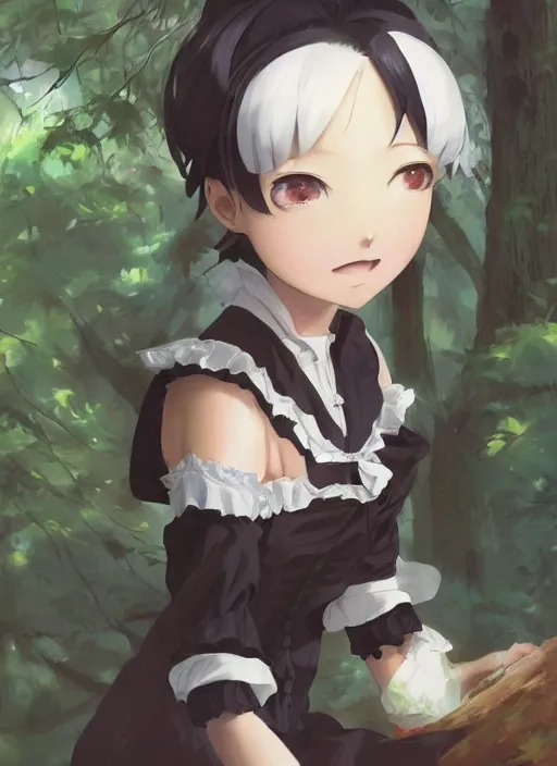 Image similar to a close up of a victorian maid with black bob hairstyle sitting in a forest. cute anime eyes. by makoto shinkai, stanley artgerm lau, wlop, rossdraws, james jean, andrei riabovitchev, marc simonetti, krenz cushart, sakimichan, trending on artstation, digital art.