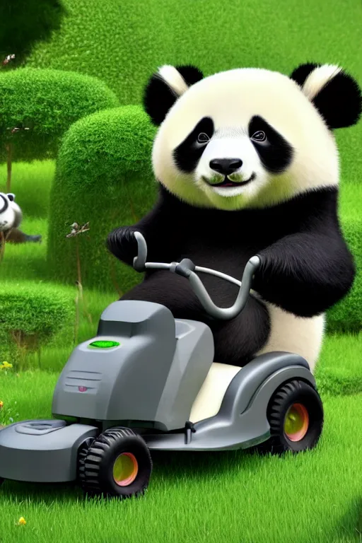 Prompt: a panda driving a lawn mower mowing his lawn, suburban garden, cgsociety and beeple highly detailed, cinematic lighting, illustration, art, octane render, unreal engine lumen, very coherent. cinematic, hyper realism, high detail, octane render, 8 k