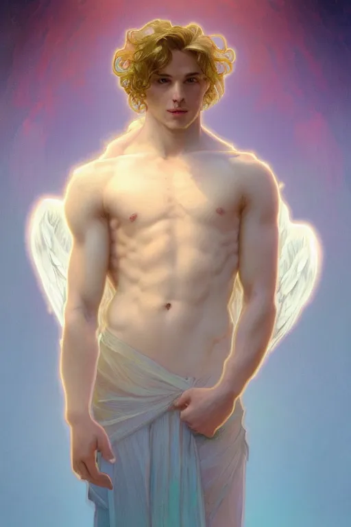 Image similar to portrait of a beautiful young fit male angel with curly blond hairs, dressed with fluent clothes, luminous scene, by greg rutkowski and alphonse mucha, d & d character, gradient white to cyan, in front of an iridescent background, highly detailed portrait, digital painting, artstation, concept art, smooth, sharp focus ilustration, artstation hq