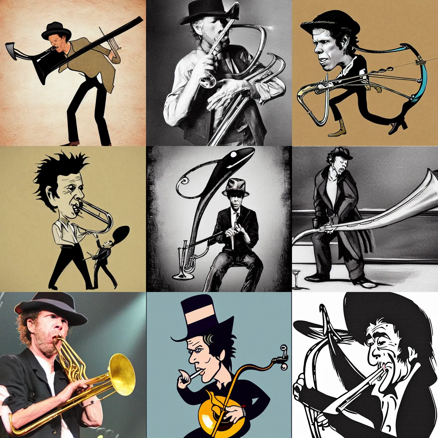 Prompt: tom waits as a cartoon swordfish holding a trombone