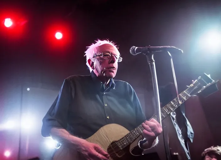 Image similar to publicity photo still of bernie sanders in a punk band playing live on stage, 8 k, live concert lighting, mid shot