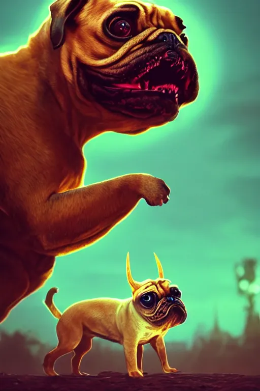 Image similar to demon pug eating flesh. art by mike winkelmann, sticker, illustration, highly detailed, artstation