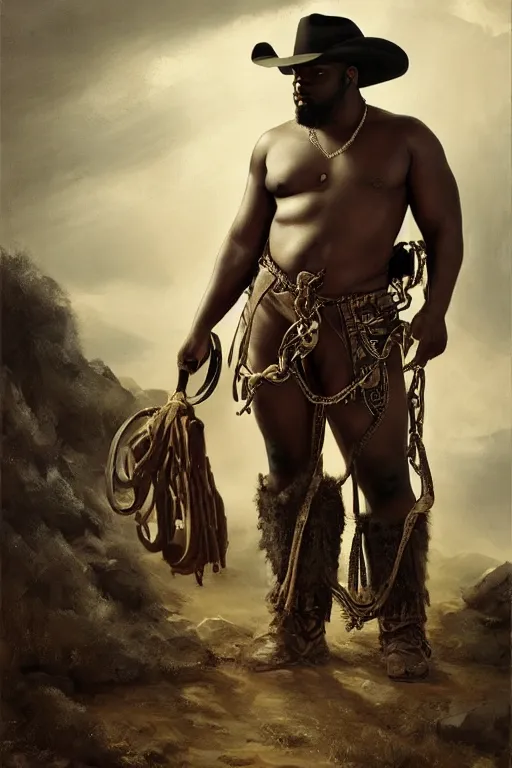 Prompt: a beautiful dramatic epic painting of a thicc handsome black man | he is shirtless and wearing a cowboy hat and leather harness | prairie setting | homoerotic, highly detailed, dramatic lighting | by mark maggiori, by william herbert dunton, by charles marion russell, by bill ward | trending on artstation