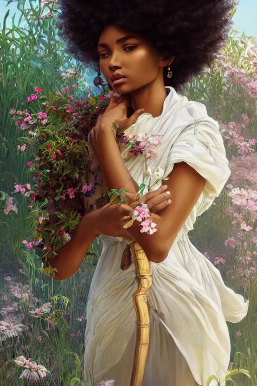 Image similar to ultra realistic illustration, beautiful swahili girl with flowers blossoming from her afro, in low v neck dress, snowy, elegant, highly detailed, digital painting, concept art, smooth, sharp focus, illustration, art by artgerm and greg rutkowski and alphonse mucha