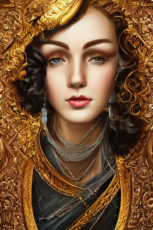 Image similar to An extremely beautiful Art Deco ornate portrait of a young attractive woman with a beautiful bone structure, professionally painted digital art illustration, smooth, sharp focus, atmospheric lighting, highly detailed illustration highlights, golden ratio, extremely detailed winning award masterpiece, 8K post-processing, trending on artstation flawless