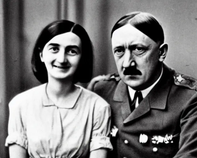 Image similar to a colourised and restored photo of Adolf Hitler together with Anne Frank as a happy couple, high quality, 8k,