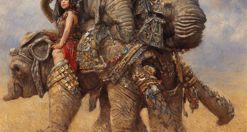 Prompt: portrait of the ethnic asian female wearing tribal armor, sitting on top of a war elephante poses by gaston bussiere, anna nikonova aka newmilky, greg rutkowski, yoji shinkawa, yoshitaka amano, tsutomu niehi, impressionism, monet,