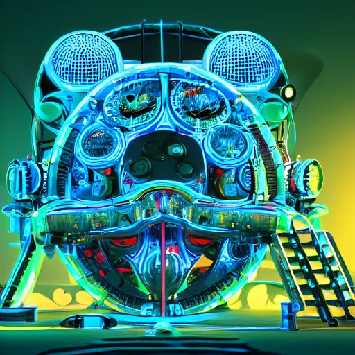 Image similar to album art, the album is called tripmachine,, a huge futuristic steampunk machine made of music instruments, 8 k, fluorescent colors, halluzinogenic, multicolored, blue neon accents, exaggerated detailed, front shot, 3 d render, octane