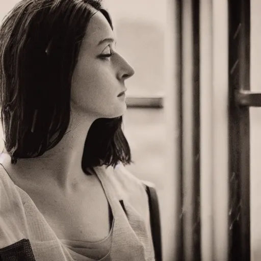 Image similar to black and white fashion photograph highly detailed portrait of a depressed beautiful 30 years old model woman standing by the window, natural light, rain, mist, lomo, fashion photography, film grain, soft vignette, sigma 85mm f/1.4 1/10 sec shutter