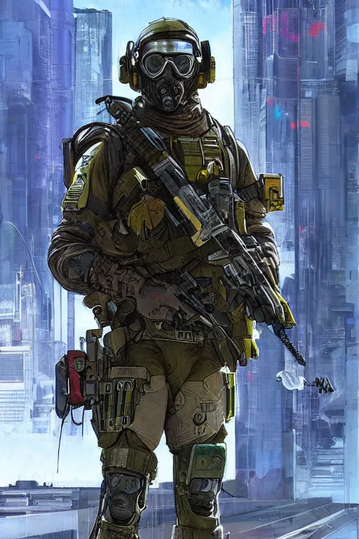 Image similar to Hosea. USN special forces futuristic recon operator, cyberpunk military hazmat exo-suit, on patrol in the Australian autonomous zone, deserted city skyline. 2087. Concept art by James Gurney and Alphonso Mucha