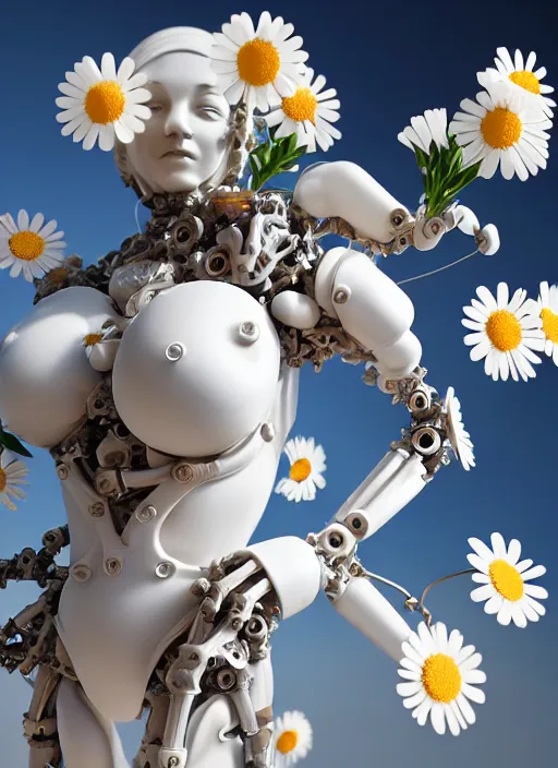 Image similar to biomechanical marble statue carrying a bottle of perfume covered in daisies, up close shot, sharp focus, global illumination, radiant light, alexandre ferra white mecha, irakli nadar, octane highly render, 4 k, ultra hd,