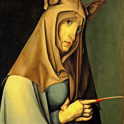 Prompt: a painting of a beautiful woman with long hair and jackal ears in the style of hieronymus bosch