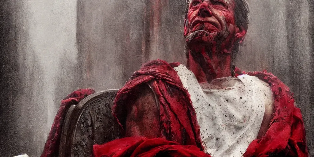 Image similar to the end is near. a tired julius caesar is sitting on his throne. face is highly detailed. splices of red are running down his toga. mist. color scheme red. low angle medium shot. imagined by jeremy lipking