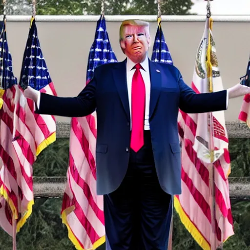 Prompt: donald trump looking very camp, hyper realistic, wide shot, photography, award winning, 8 k,