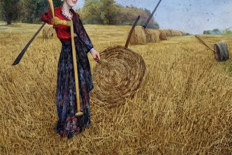 Image similar to concept art romanian woman with scythe, mowing of the hay, drmatic ligthing, traditional romanian clothes, artdtation beautiful