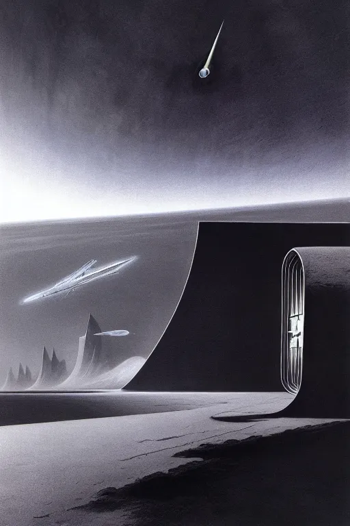 Prompt: emissary space by arthur haas and bruce pennington and john schoenherr, photo realism, zaha hadid, cinematic matte painting, dark monochrome color palate,