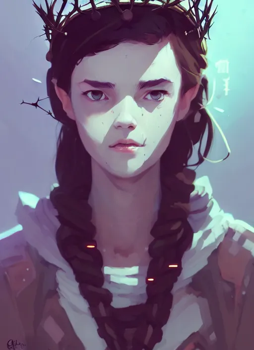 Image similar to portrait of cute gith maiden girl with crown of thorns and white short hairs, warhammer, cyberpunk, by atey ghailan, by greg rutkowski, by greg tocchini, by james gilleard, by joe gb fenton, by kaethe butcher, dynamic lighting, gradient light blue, brown, blonde cream and white color in scheme, grunge aesthetic