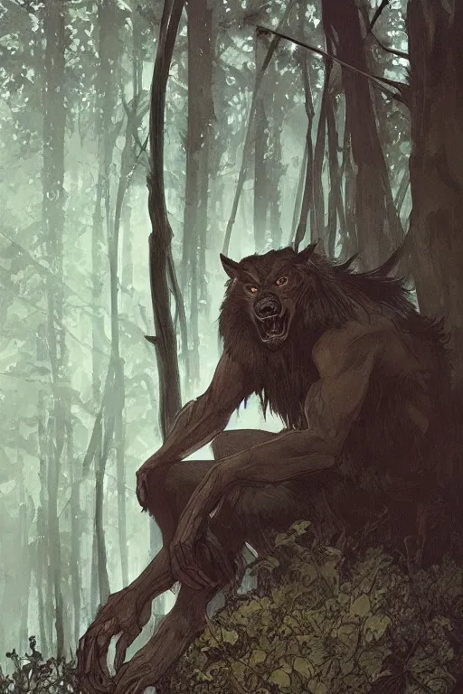 Image similar to fullbody portrait of a male werewolf, bared teeth, long claws, by greg rutkowski and alphonse mucha, gradient brown to silver, in front of a forest at night background, highly detailed portrait, digital painting, artstation, concept art, smooth, sharp focus illustration