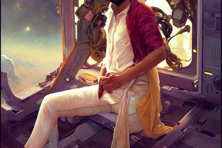 Image similar to Sensual good looking pale young Indian doctors wearing jeans in a space station above Earth, portrait, elegant, intricate, digital painting, artstation, concept art, smooth, sharp focus, illustration, art by artgerm and greg rutkowski and alphonse mucha