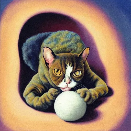 Prompt: painting of a devon rex, cornish rex cat playing with a ball of yarn, magritte