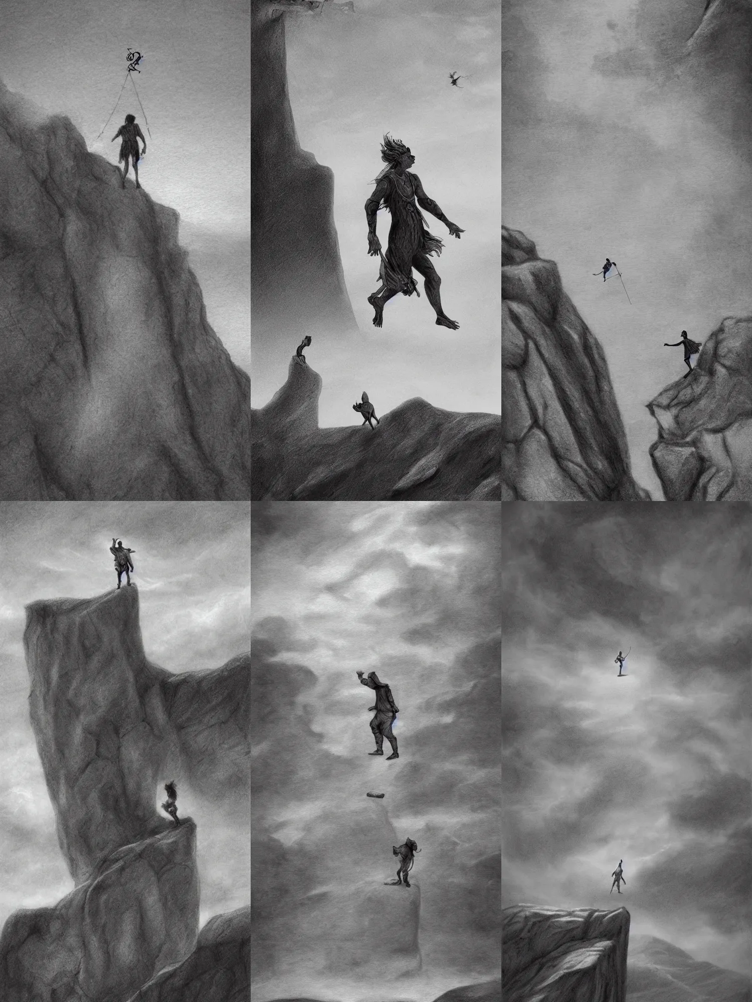 Prompt: The Fool tarot card, a man walking off of a cliff, a small dog at his feet, black and white graphite drawing, matte painting