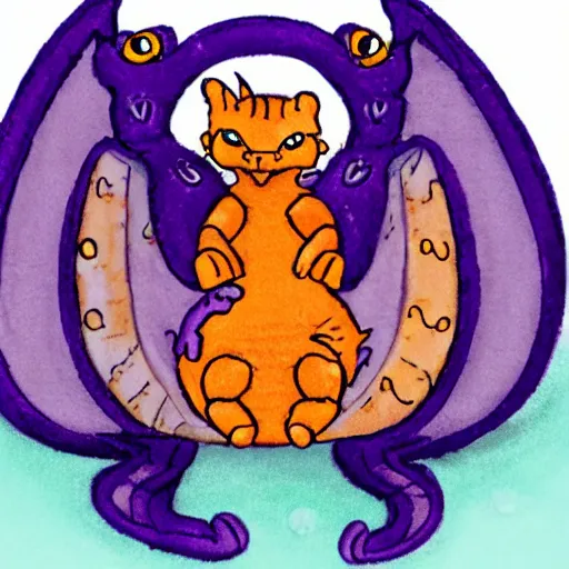 Prompt: tiny adorable purple fantasy dragon, the dragon is hugging an orange tabby cat, orange tabby cat hugging tiny purple dragon