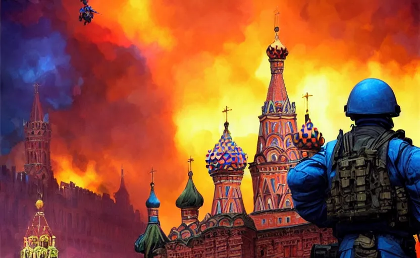 Image similar to special forces soldier with ukrainian blue and yellow shoulder patch watches red square kremlin burn in the background, d & d, fantasy, bright atmosphere, volumetric lights, intricate, elegant, extremely detailed, digital painting, artstation, concept art, matte, smooth, sharp focus, hyper realistic, illustration, art by artgerm and greg rutkowski and alphonse mucha