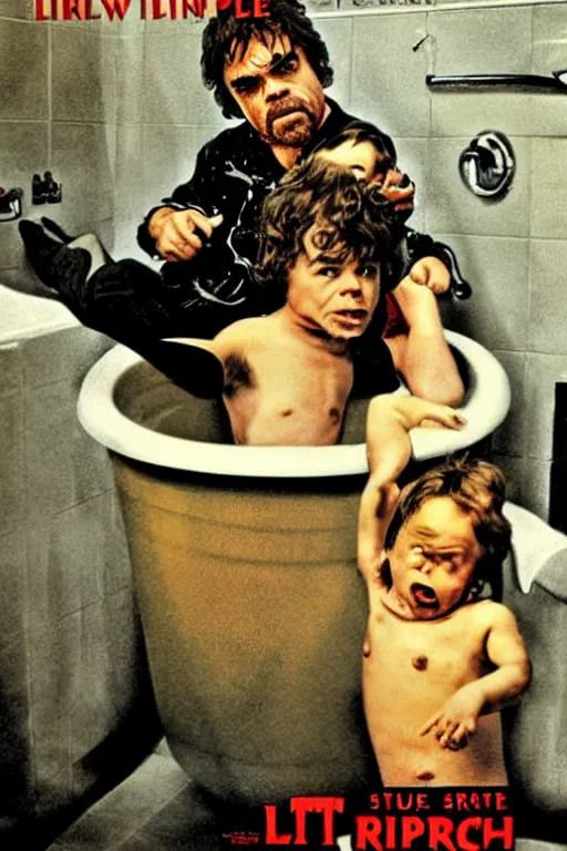 Image similar to vintage movie poster little pee pole, warwick davis and peter dinklage, bathtub, snow, gas station, 1 9 8 2, drew struzan inspiration