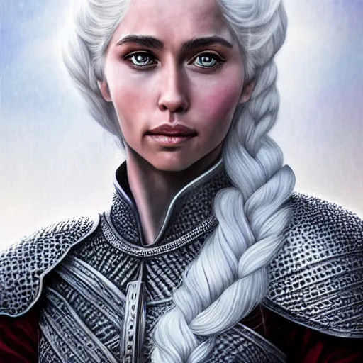 Prompt: head and shoulders portrait of a female knight, danerys targaryen, game of thrones, by artgerm, face detail, extremely detailed, photo