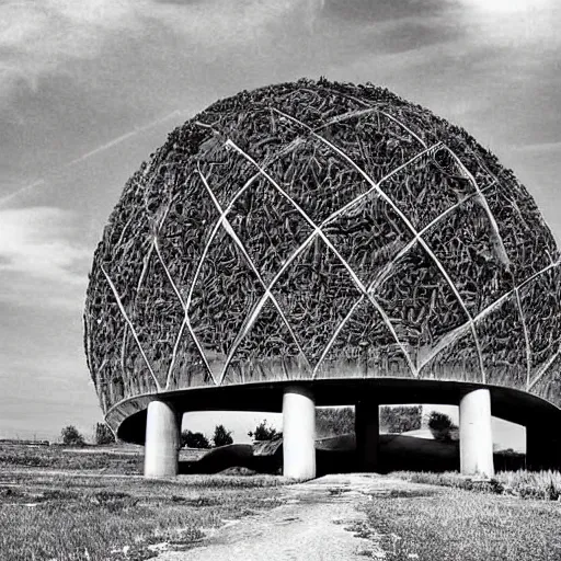 Image similar to old photograph from a strange alien city, organic buildings, black and white