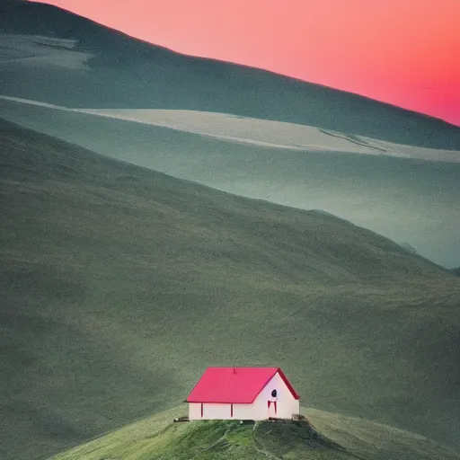 Prompt: minimalistic house on a tall mountain during the sunset, bright colors, soft colors, washed out colors, devianart, 8k,