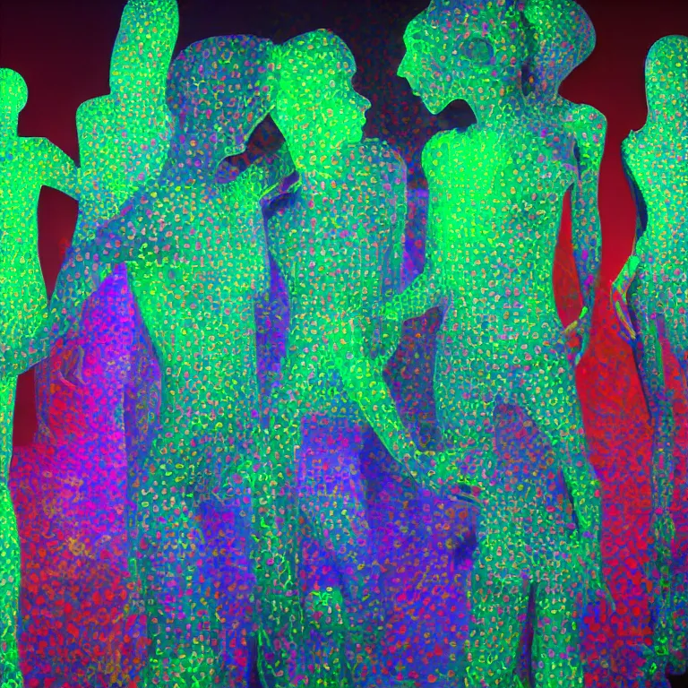 Prompt: fluxus performance of'blue and green'patterned colors light projection onto a few giant human torsos in a cramped art gallery, high contrast hyperrealism trending on arstation 8 k