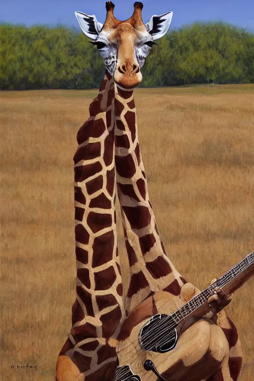 Image similar to a giraffe playing guitar at woodstock, oil on canvas, intricate, portrait, 8k highly professionally detailed, HDR, CGsociety