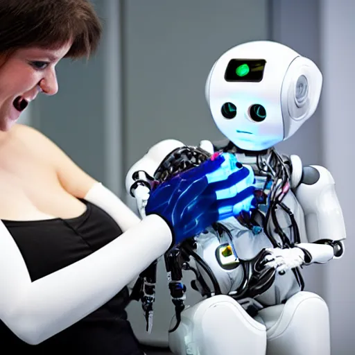 Image similar to cybernetic infant held lovingly by two robots