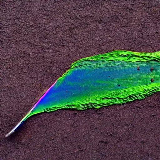 Prompt: a bird feather dipped in oil slick tar