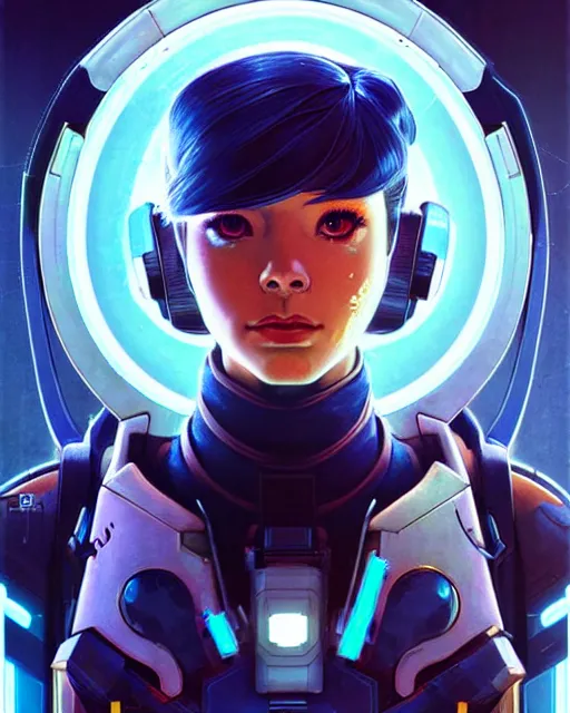 Image similar to echo from overwatch, blue hologram female face, character portrait, portrait, close up, concept art, intricate details, highly detailed, vintage sci - fi poster, retro future, in the style of chris foss, rodger dean, moebius, michael whelan, and gustave dore