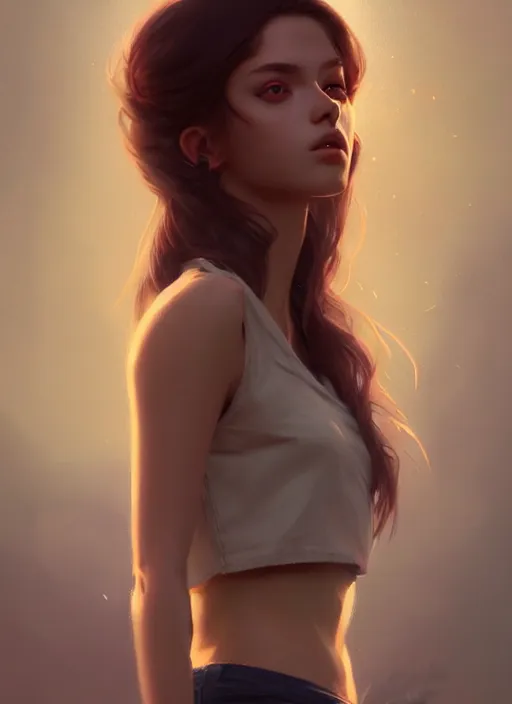 Prompt: ultradetailed beautiful painting of a stylish young lady wearing a crop top, dramatic, she has dreamly hair, distressed, volumetric light, full body portrait by greg rutkowski, ilya kuvshinov, james jean, makoto shinkai, on artstation