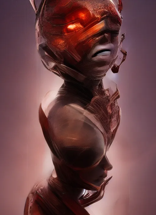 Image similar to beautiful portrait of an alien cyborg, style of Feng Zhu, Artstation geometric, aesthetic, big eyes, smooth skin, angelic, unique features, symmetrical, intricate crown, high fashion, streetwear, cyberpunk, detailed, octane render, cinematic, 8k, brown skin, retro sci fi film, Stanisław Szukalski + Moebius,