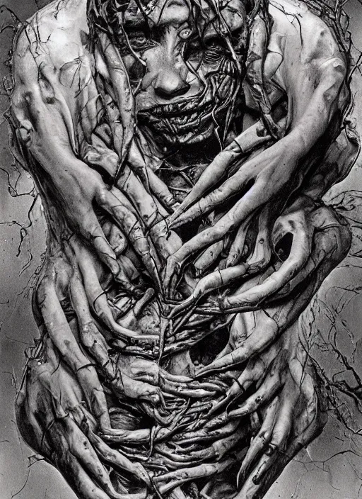 Prompt: stunning bernie wrightson photograph of experimental surgery of a man sewn together to another man with multiple heads multiple arms grotesque twisted vein covered splotchy skin of despair, painful merging of bodies disgusted siamese horror conjoined psychotic painful people award winning style photography