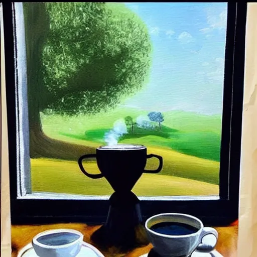 Image similar to “ nostalgic painting of a breakfast table with a steaming cup of coffee and a newspaper. the window behind it shows a green idyllic hill with a road on it, and families walking to school ”