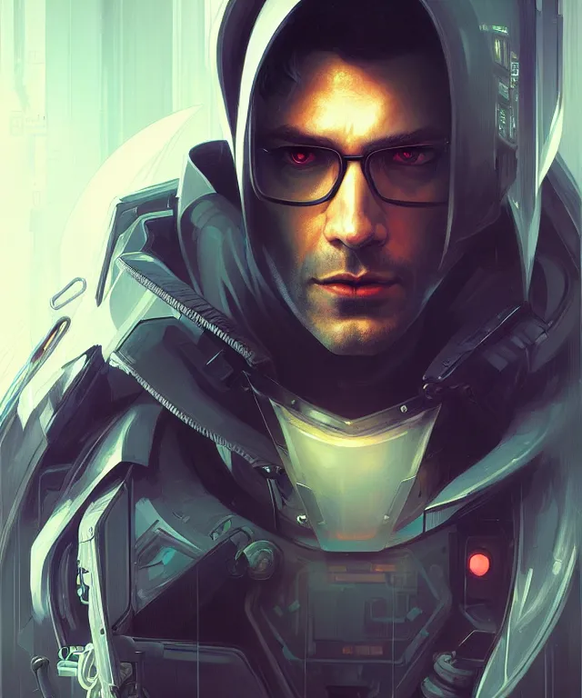 Image similar to Hacker cyberpunk man portrait, highly detailed, digital painting, artstation, concept art, smooth, sharp focus, illustration, art by artgerm and greg rutkowski and alphonse mucha