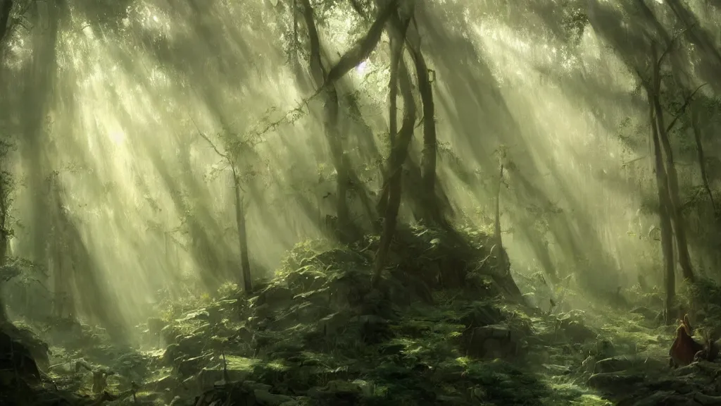 Prompt: A Craig Mullins oil painting of a hauntingly beautiful elven forest in the morning; rays of light coming through the canopy; trending on artstation; extraordinary masterpiece!!!!!!; 8k